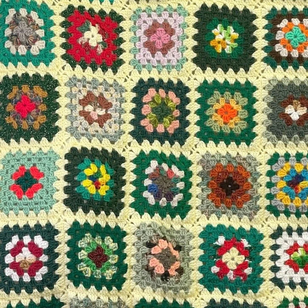 Handmade Granny Square Crochet Blanket Throw Yellow Trim Colorful Boho 72